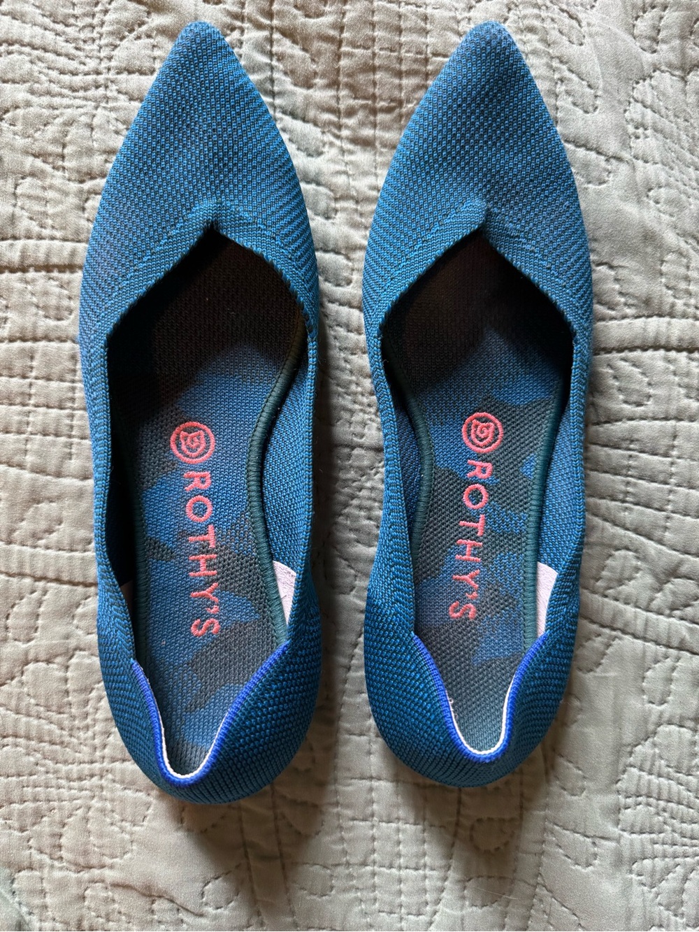 Rothy's Pointed Knit Flats in Teal Blue